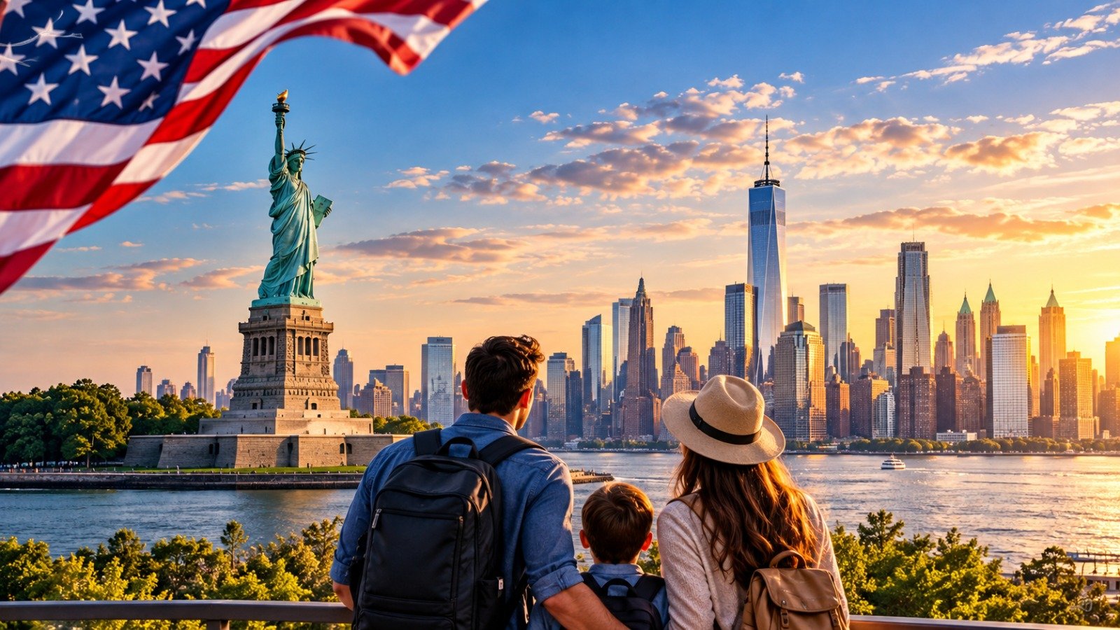 Family looking at the Statue of Liberty and the New York skyline at sunset