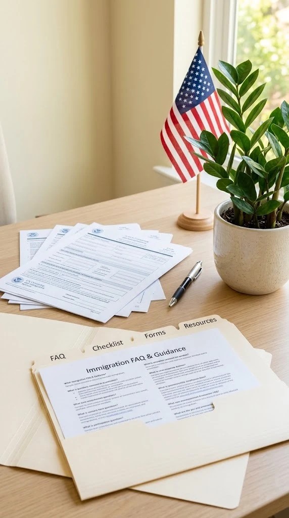 Immigration FAQ and guidance documents in a folder on a desk with a small American flag