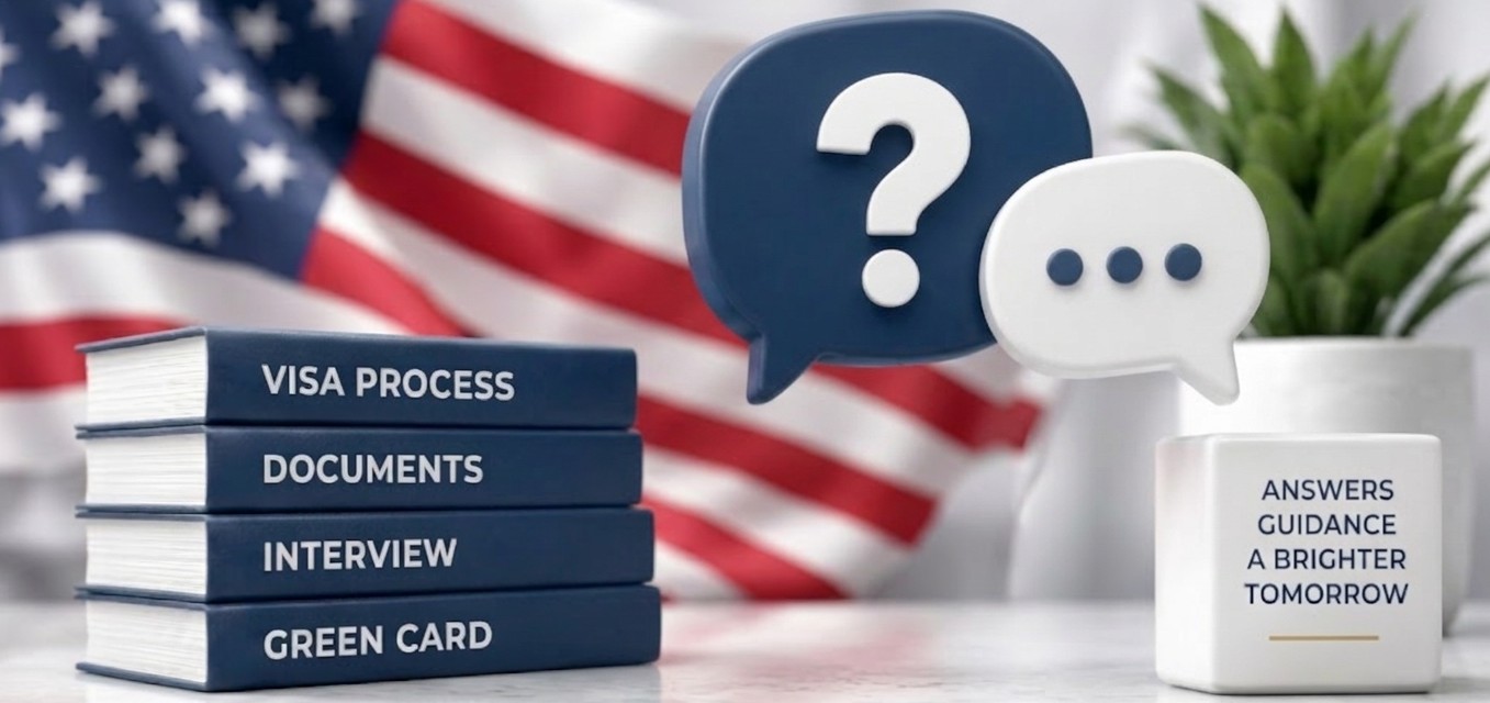 Stack of books labeled Visa Process, Documents, Interview and Green Card with question and answer speech bubbles in front of an American flag