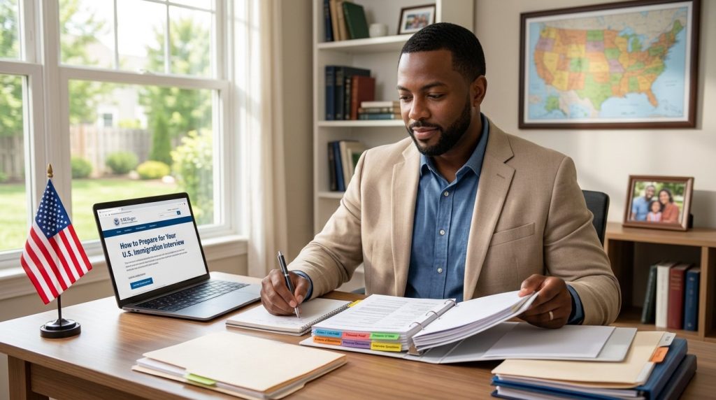 Man reviewing documents and notes to prepare for a U.S. immigration interview