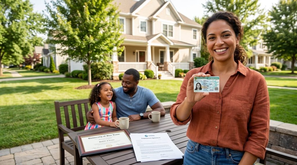 Smiling woman holding a Green Card in front of her home while her family sits outside